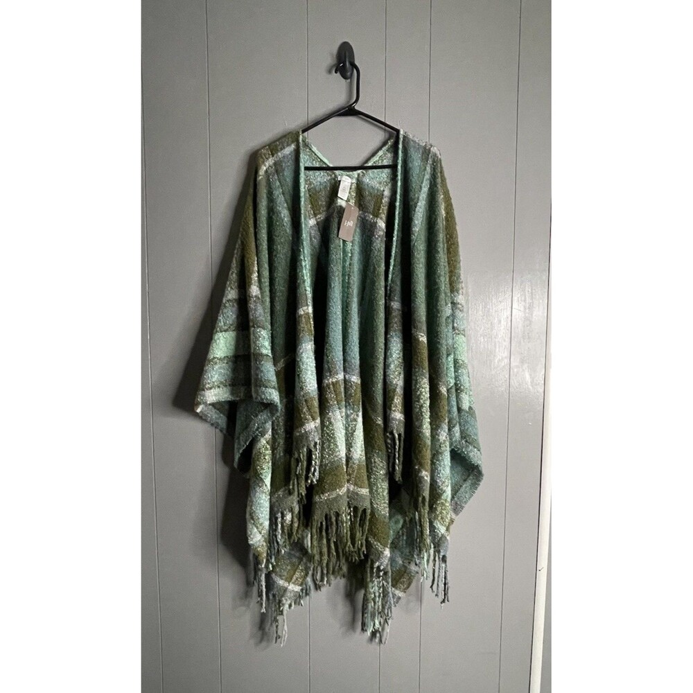 NWT J. Jill Boucle Plaid Poncho Ruana Cape Fringe Oregano Green Plus XL-3X